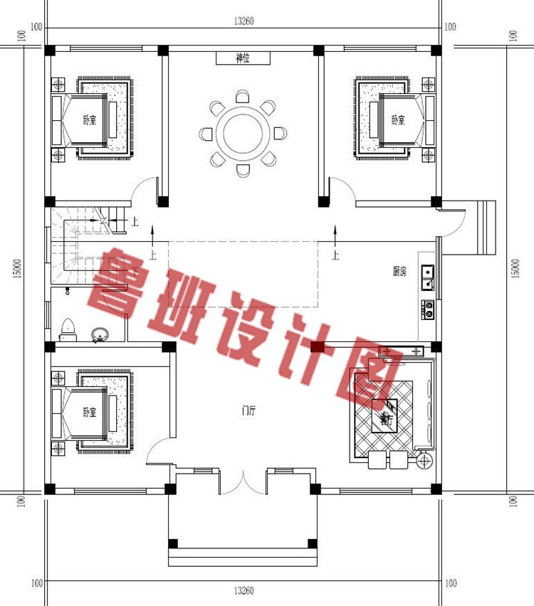 简单实用新中式二层楼房仿古别墅一层户型图