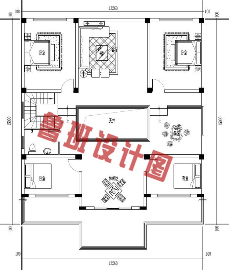 简单实用新中式二层楼房仿古别墅二层户型图