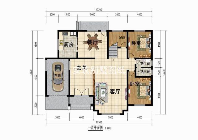 17.3*13.6m二层别墅，中空客厅+车库，住家首选款