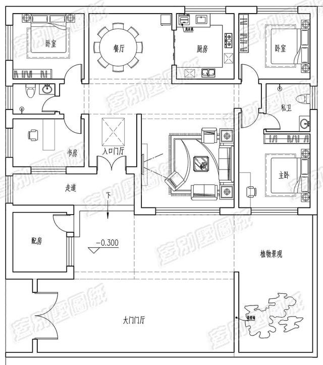 平屋顶+坡屋顶结合，16×18米一层别墅，3卧室，带书房
