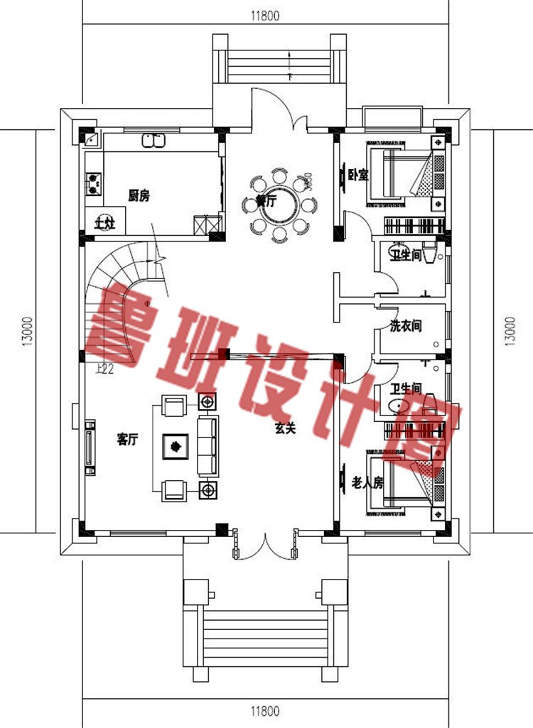 农村三层欧式豪华小别墅自建房设计一层户型图