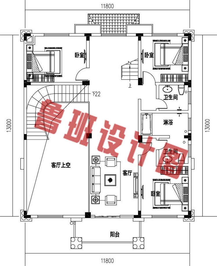 农村三层欧式豪华小别墅自建房设计二层户型图