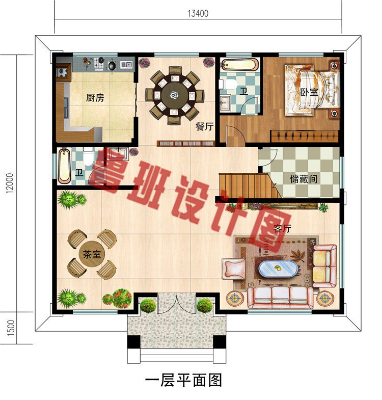 农村三层欧式风格别墅设计图，复式中空客厅13.5×12米