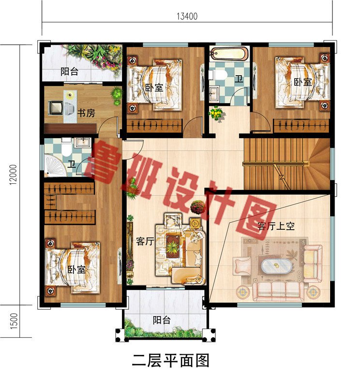 农村三层欧式风格别墅设计图，复式中空客厅13.5×12米