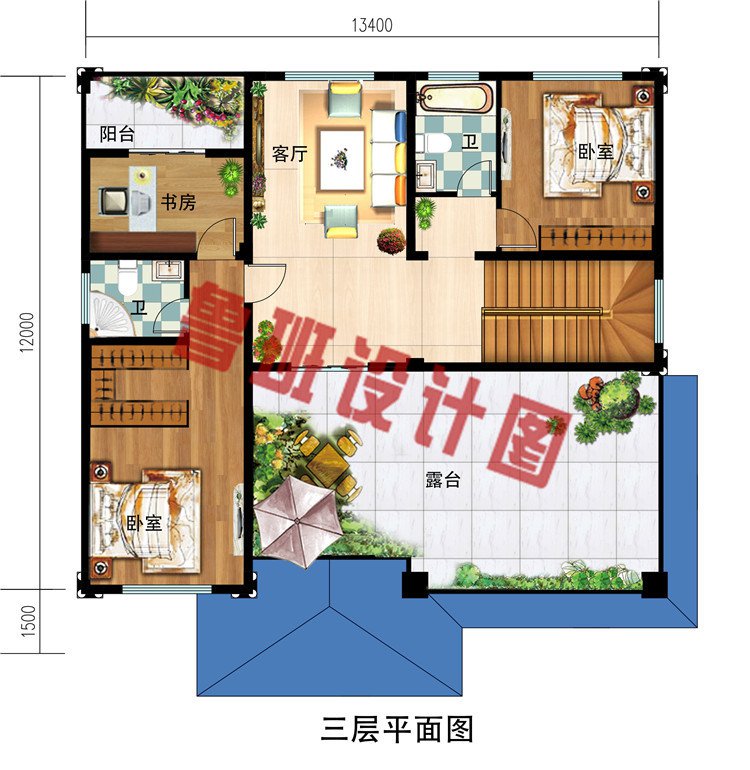 农村三层欧式风格别墅设计图，复式中空客厅13.5×12米