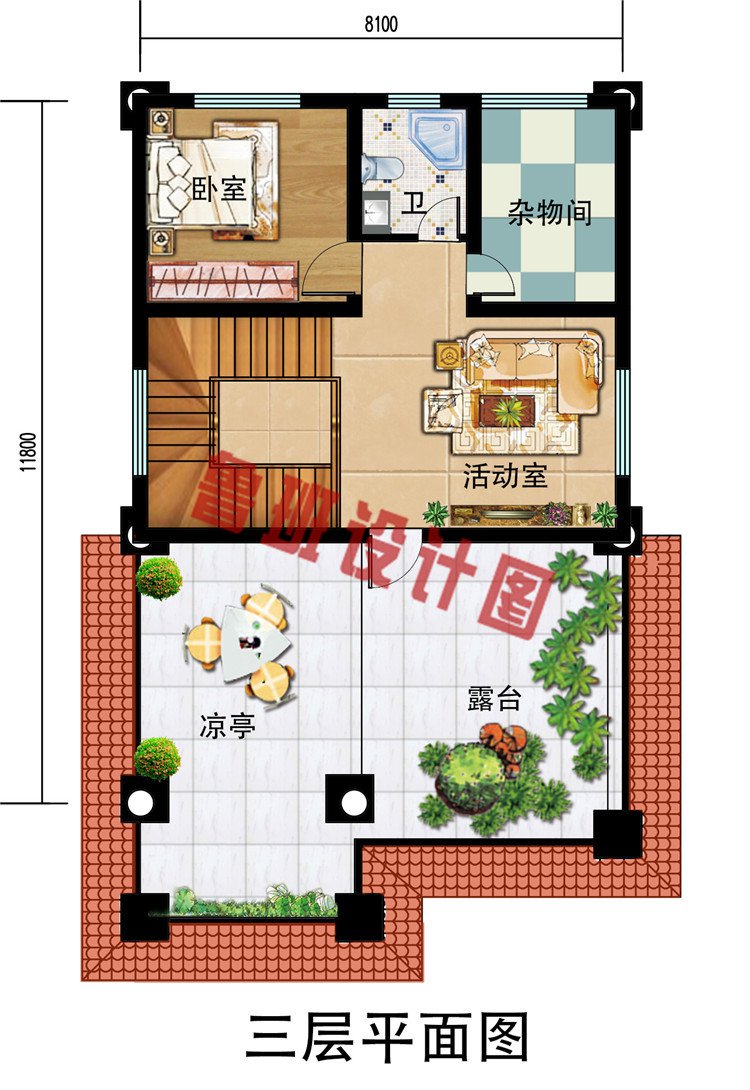 8×12.5米三层自建房别墅设计图，占地103平左右