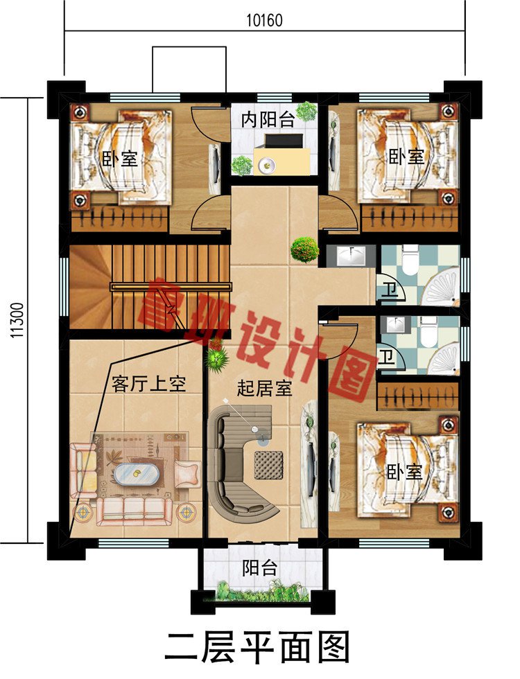 新农村中式120平三层洋楼别墅设计图，客厅中空设计