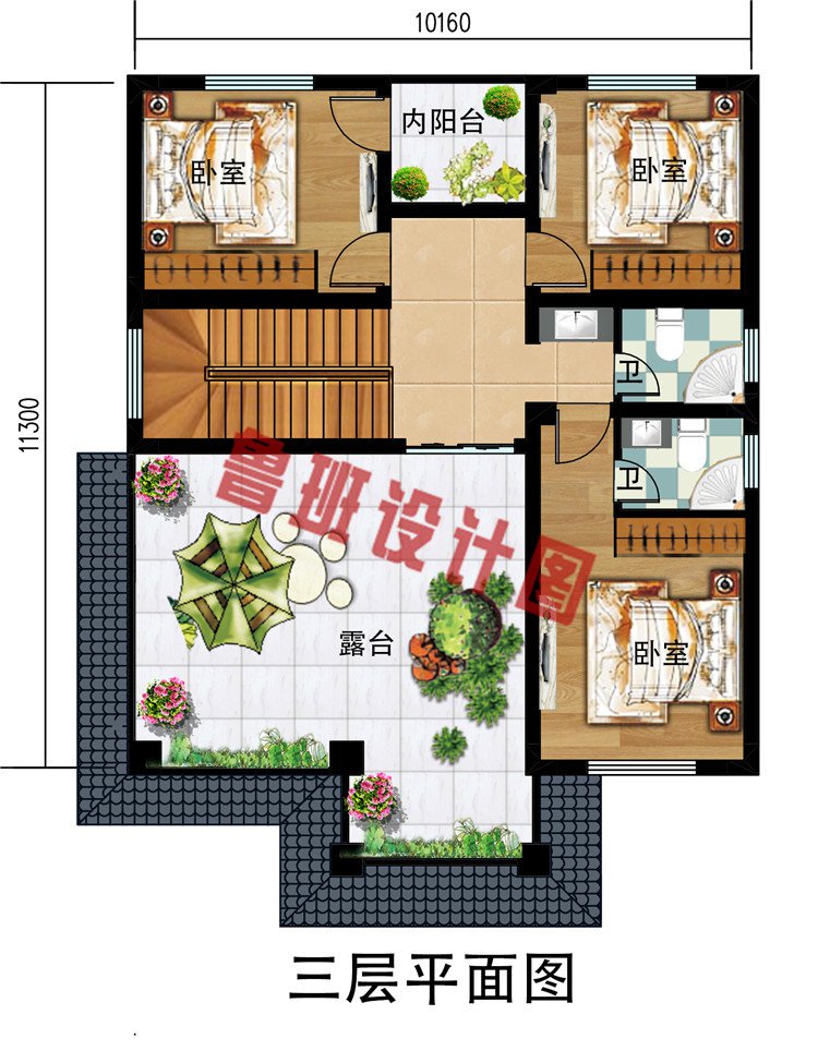 新农村中式120平三层洋楼别墅设计图，客厅中空设计