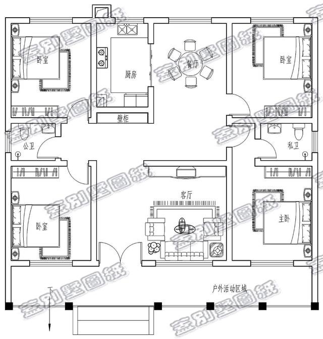 12.9×10.2米一层房屋设计图，带4卧室，简单单方，造价低