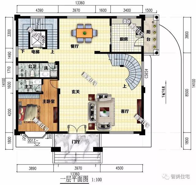 13.36×14.1米农村别墅，带地下室车库，全村属它最气派