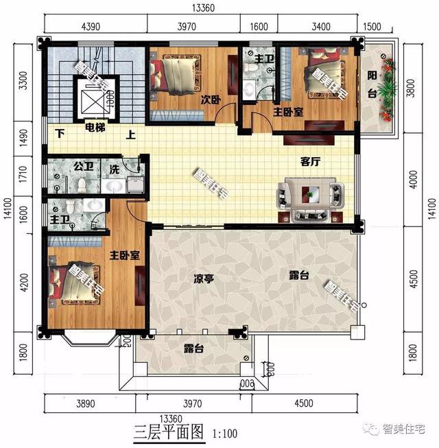 13.36×14.1米农村别墅，带地下室车库，全村属它最气派