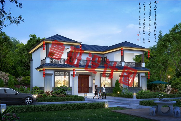 新中式带堂屋农村二层自建别墅设计效果图