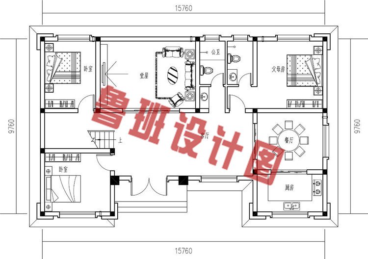 新中式带堂屋农村二层自建别墅设计一层户型图