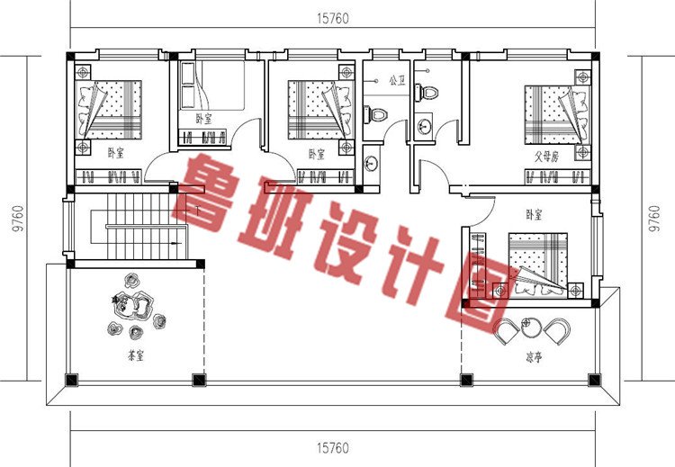 新中式带堂屋农村二层自建别墅设计二层户型图