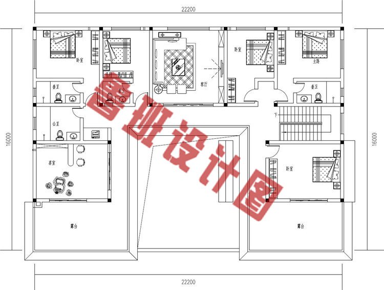 新款二层中式风格四合院别墅设计二层户型图