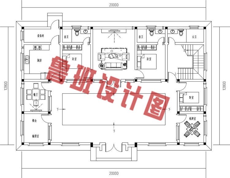 农村新中式二层四合院自建房设计一层户型图