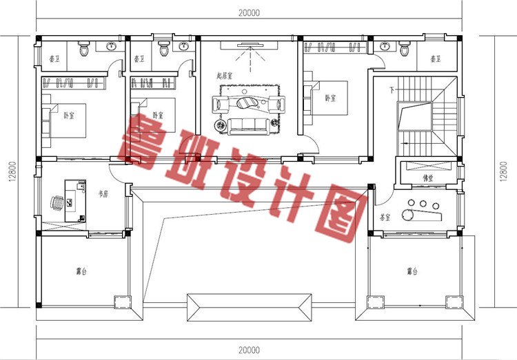 农村新中式二层四合院自建房设计二层户型图