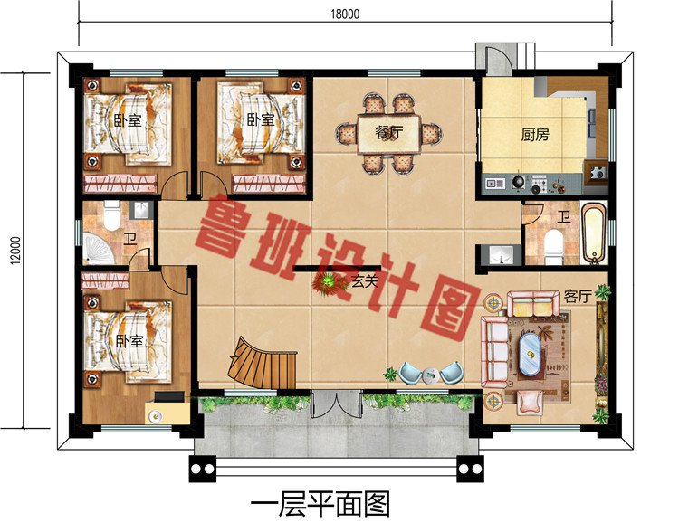 乡村四间二层大户型豪华别墅设计图，带挑高客厅，大气又舒适。