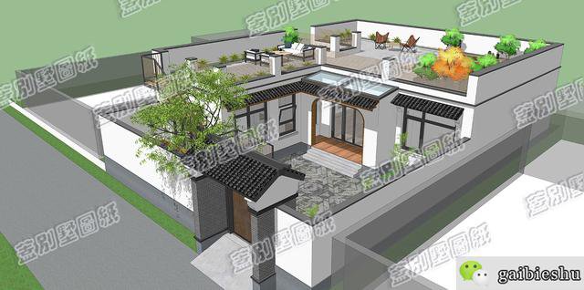 160平面一层平屋顶自建房，休息平台+中庭，拱形门洞漂亮时尚
