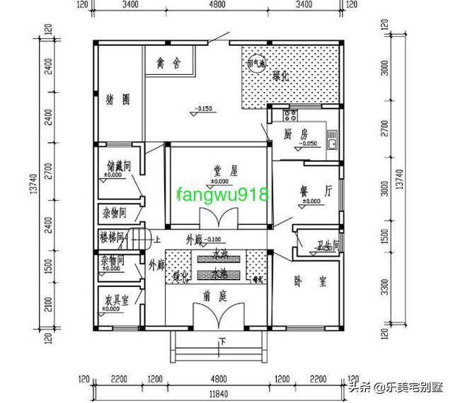 二层农家小院中式别墅户型设计，猪圈+禽舍+农具房