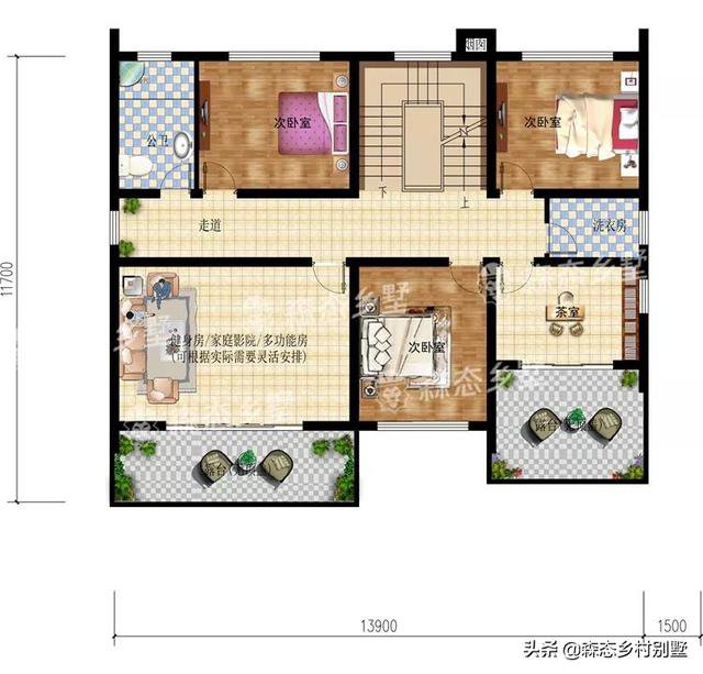 13.9mX 11.7m三层别墅，简约清爽有灵气
