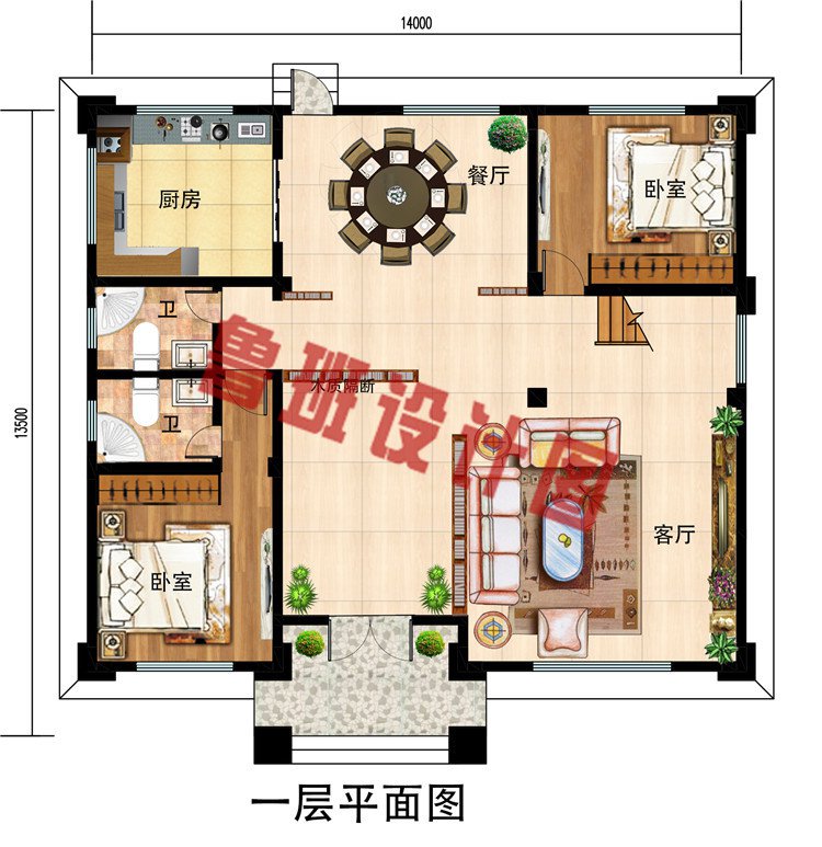 带挑空客厅三层豪宅自建房设计图，外观大气、高端