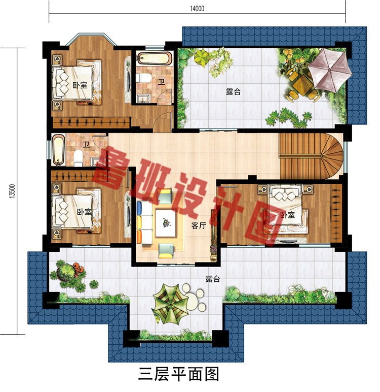 带挑空客厅三层豪宅自建房设计图，外观大气、高端