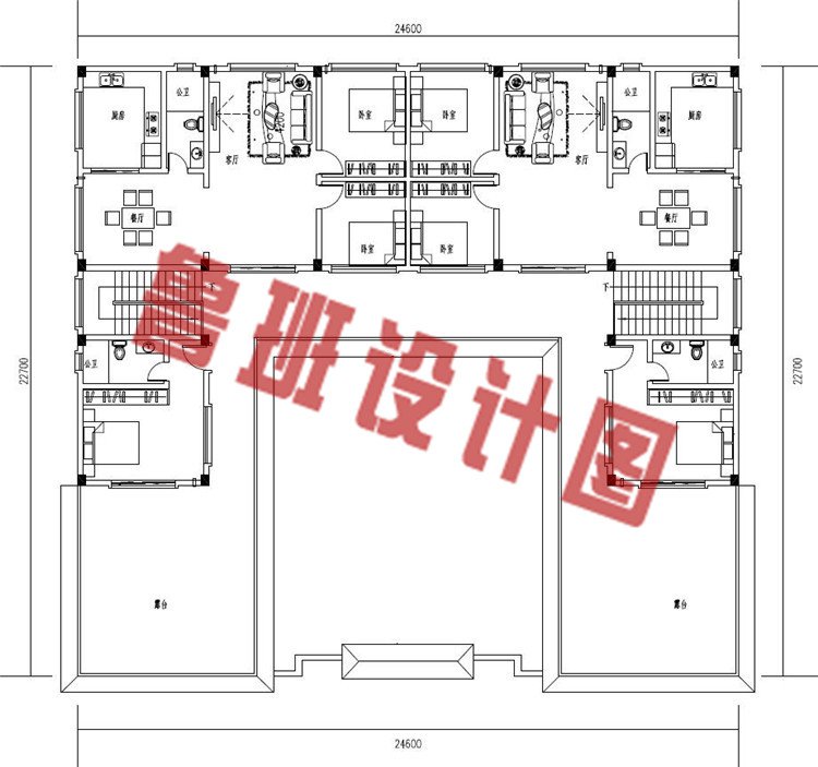 新款农村中式四合院二层别墅设计二层户型图