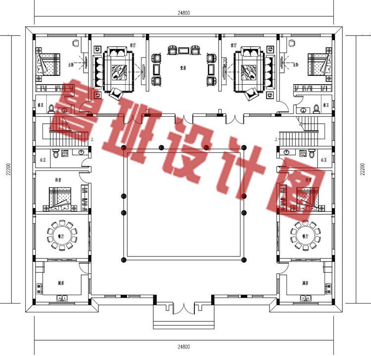 乡村自建二层中式四合院小楼房设计一层户型图