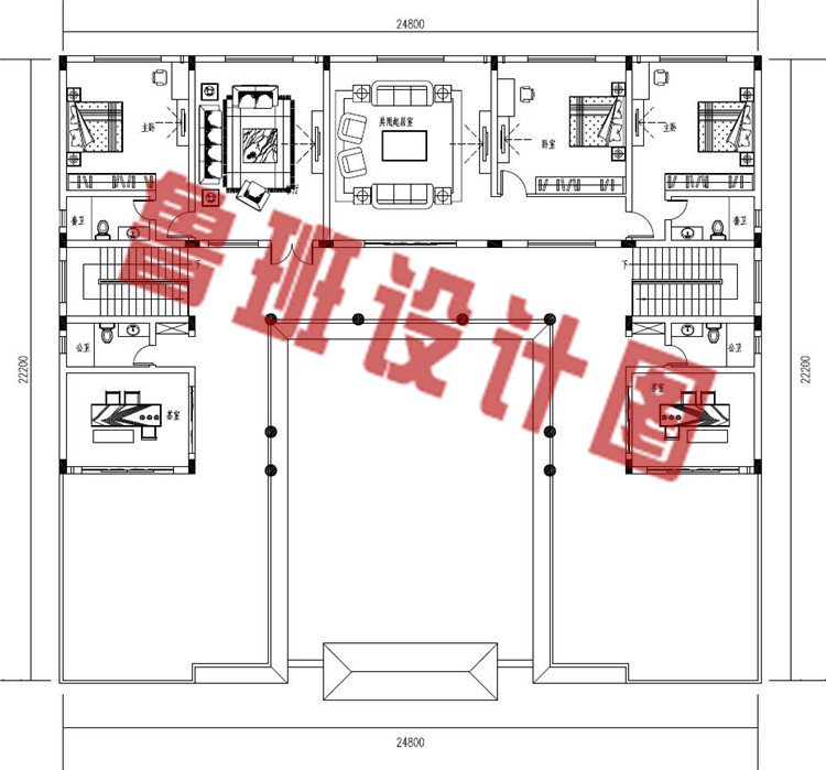 乡村自建二层中式四合院小楼房设计二层户型图