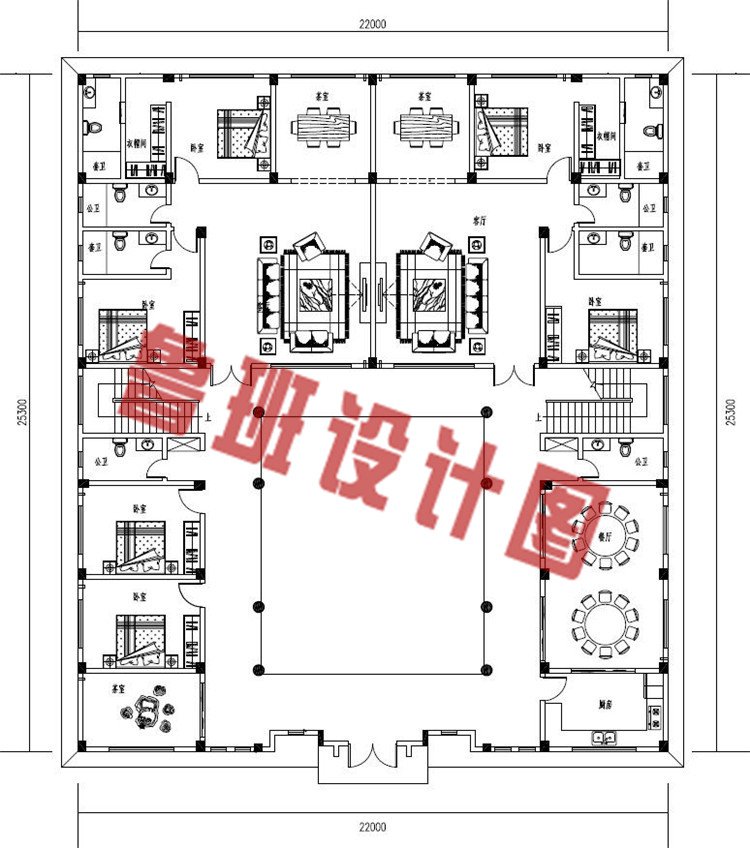 22X25米农村二层中式四合院别墅设计一层户型图