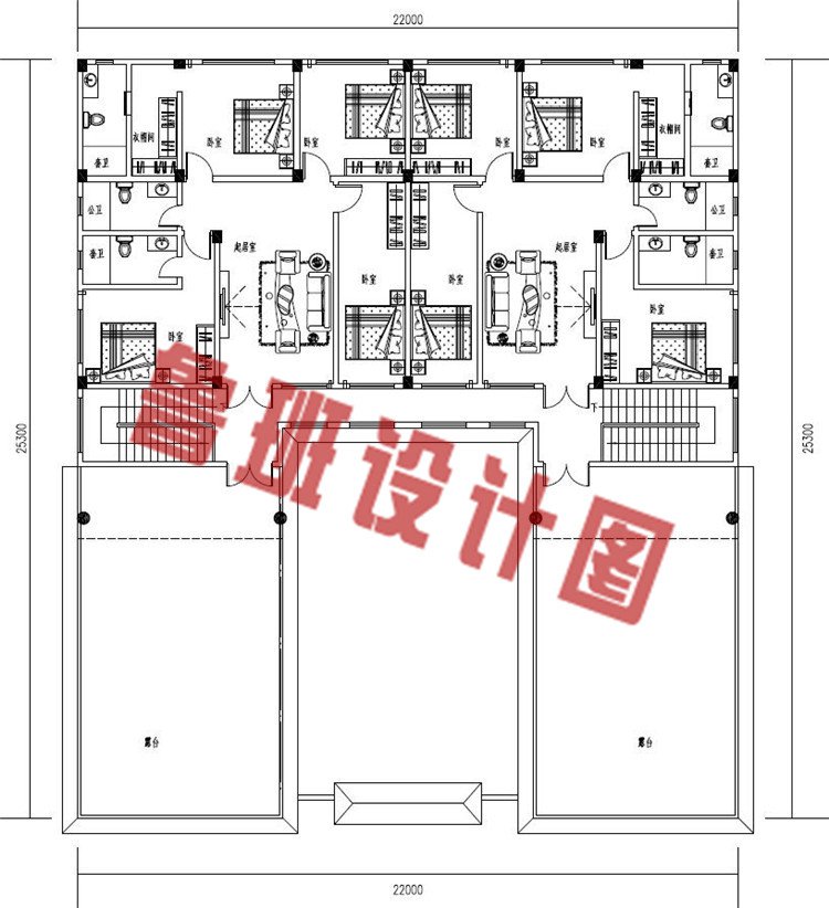 22X25米农村二层中式四合院别墅设计二层户型图