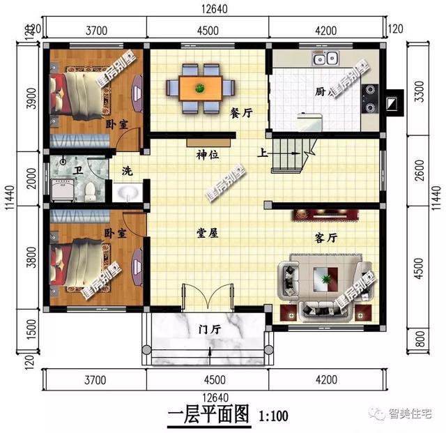 开间12-13米间的两层别墅，第一栋带堂屋和露台，造价25万