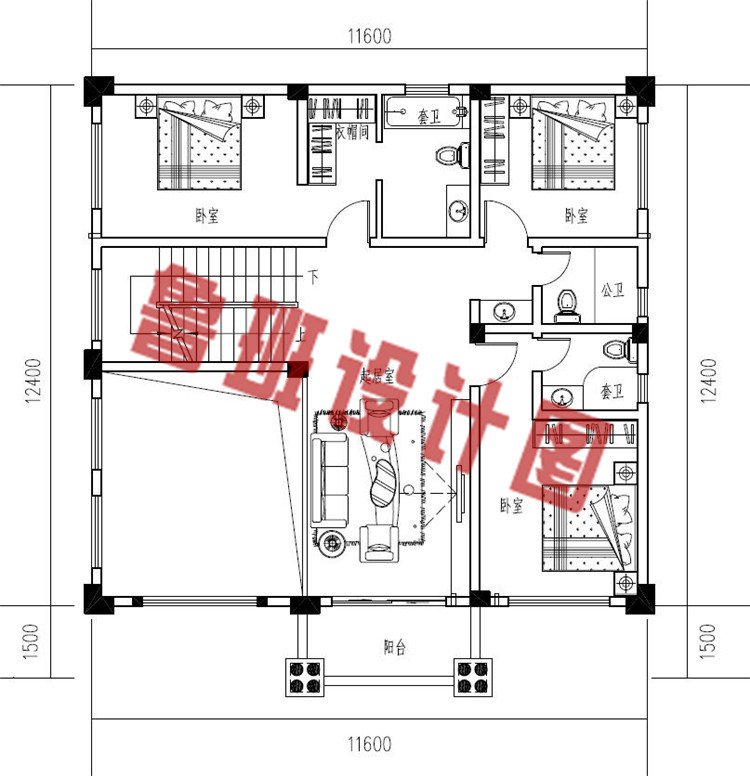 农村自建三层欧式别墅设计二层户型图