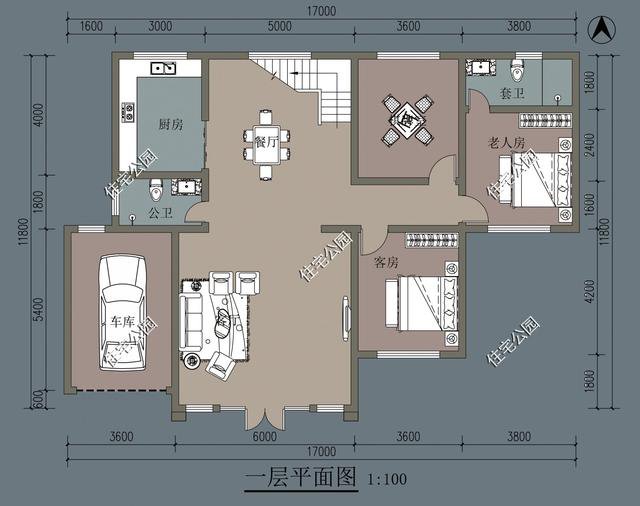 农村11×17米托斯卡纳别墅设计，5室2厅带车库，主卧有独卫