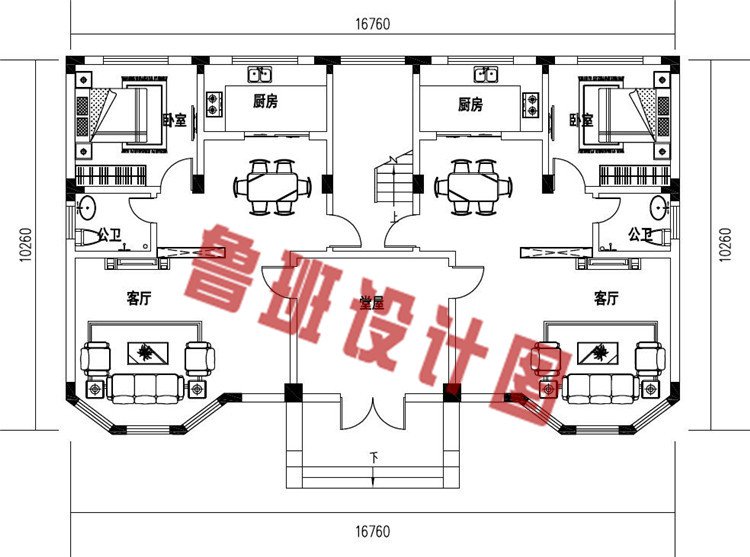 168平方米乡村三层欧式兄弟双拼别墅设计一层户型图