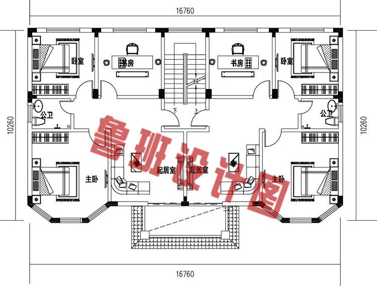 168平方米乡村三层欧式兄弟双拼别墅设计二层户型图