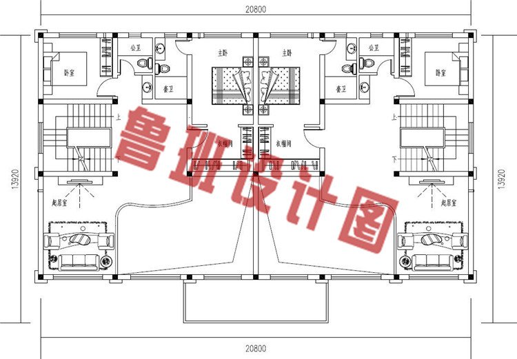 豪华欧式乡村三层兄弟自建双拼别墅设计二层户型图