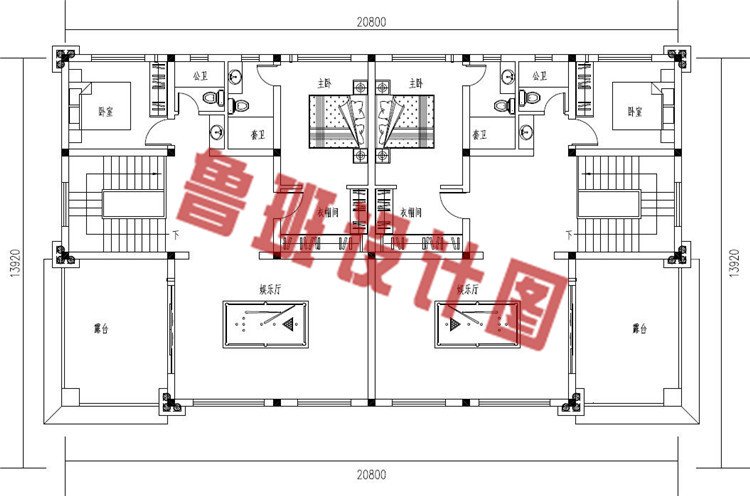 豪华欧式乡村三层兄弟自建双拼别墅设计三层户型图