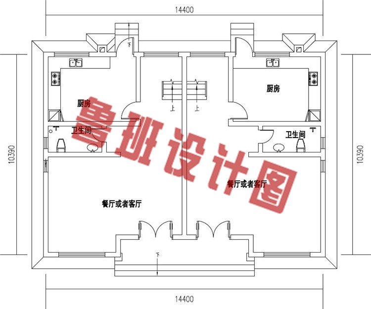 乡村简单实用三层双拼自建房设计一层户型图