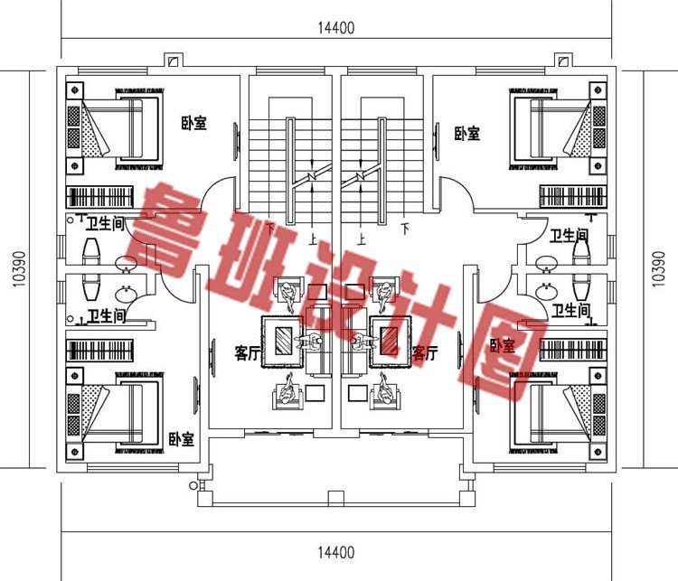 乡村简单实用三层双拼自建房设计二层户型图