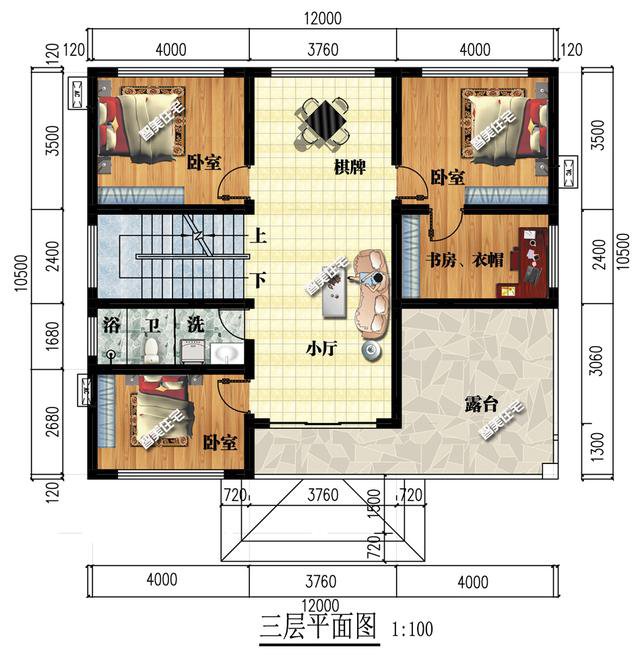 12×10.5米平顶三层别墅，超大客厅设计，摆个十桌酒席足够