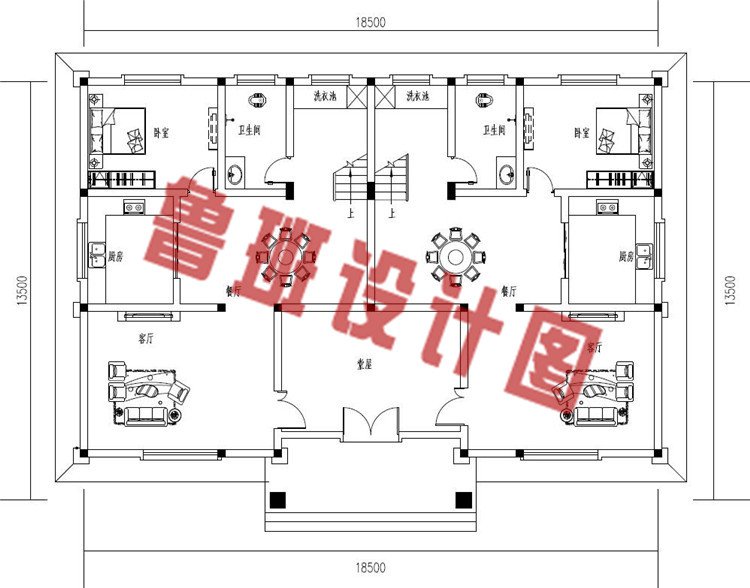 新农村欧式三层兄弟双拼别墅设计一层户型图