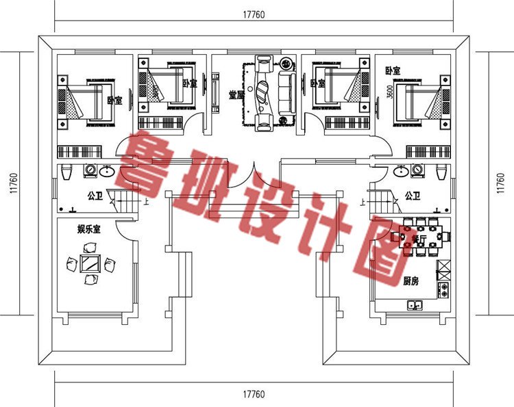 145平方米二层中式四合院别墅设计一层户型图