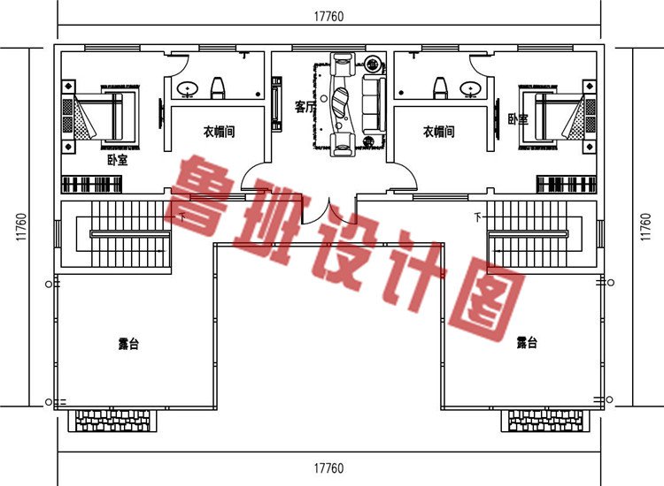 145平方米二层中式四合院别墅设计二层户型图