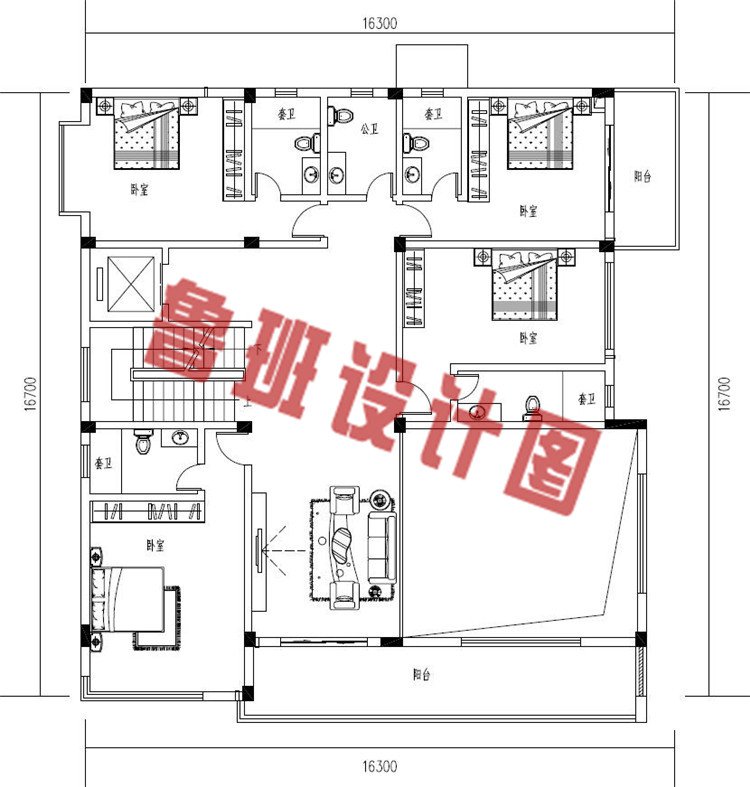 大户型三层现代风格别墅设计二层户型图