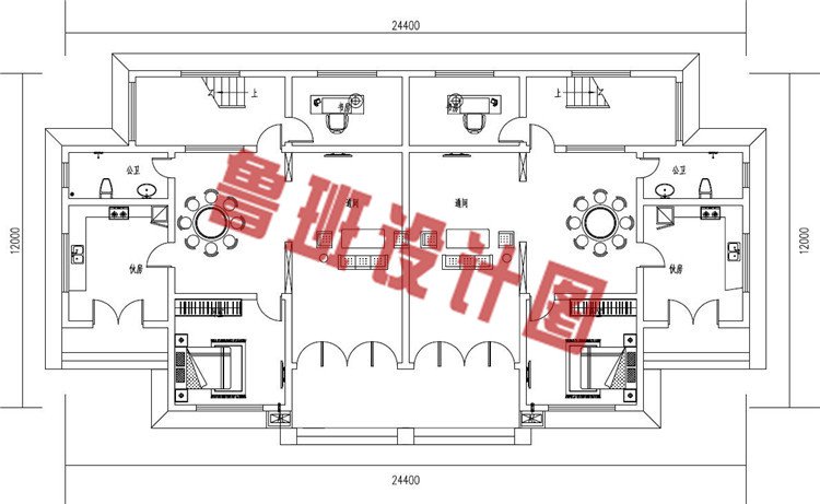 新农村欧式兄弟二层双拼别墅设计一层户型图