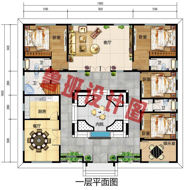 仿古二层中式四合院别墅设计户型图，外观古朴有质感