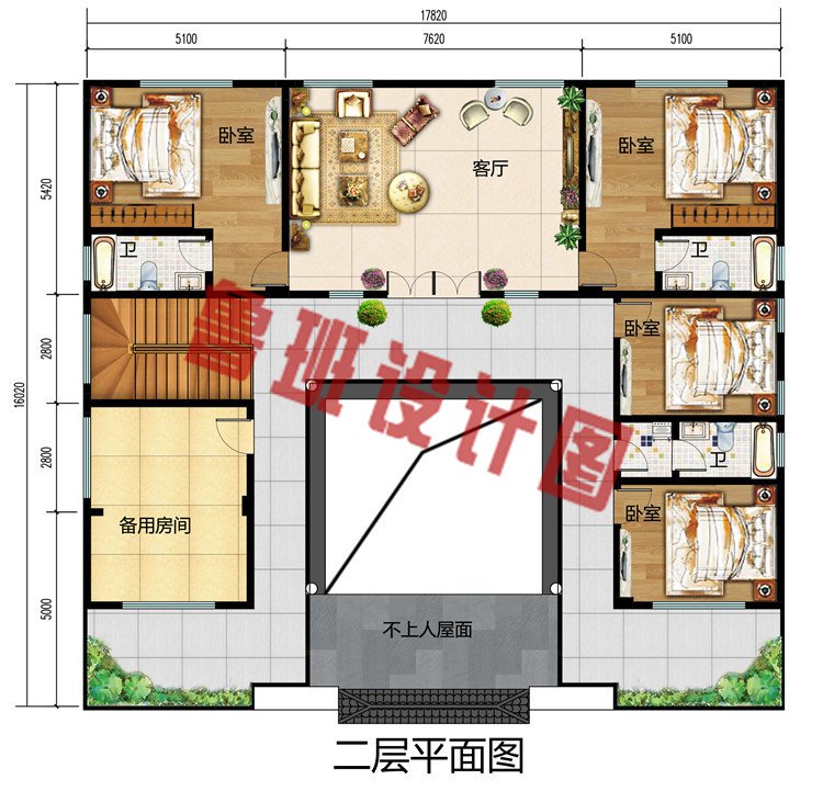 仿古二层中式四合院别墅设计户型图，外观古朴有质感