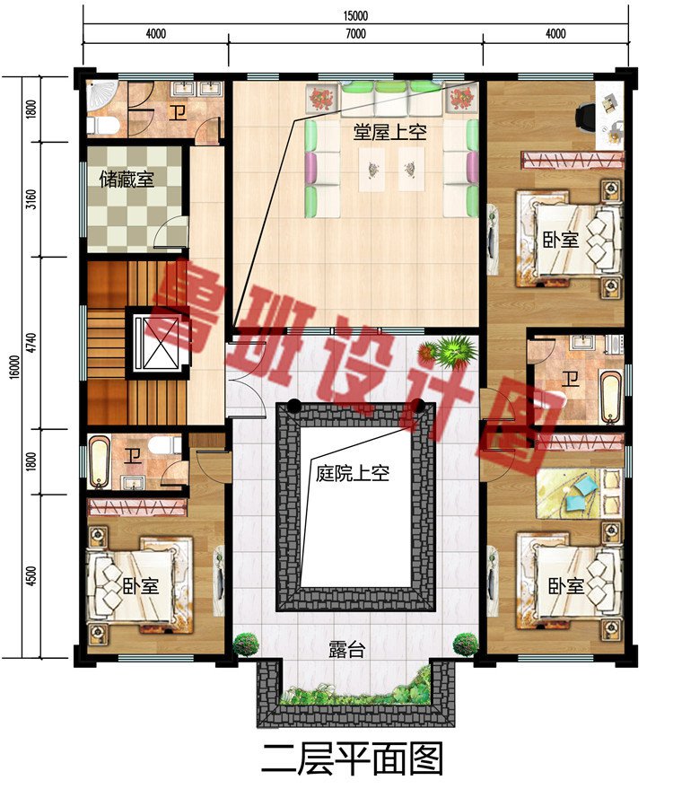 新农村三层中式四合院别墅设计图，外观造型简单大方